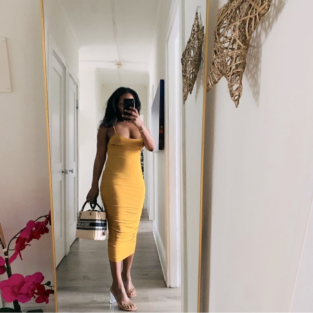GOLD RUCHED MIDI DRESS - Picture 3 of 15